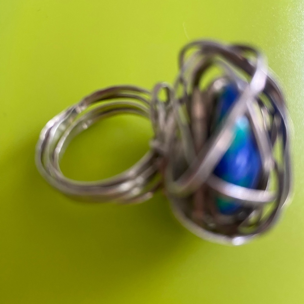 Silver Wire Caged Lapis Ring- Artisan Made, Vtg - image 2